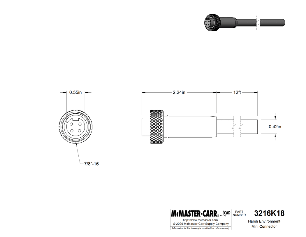Technical Drawing of Harsh Environment Mini Connector, Socket with Internal Thread, 4 Poles, 12 Feet Long Cable.
